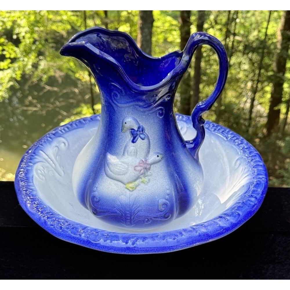 Vintage Cobalt Blue Large Ironstone USA Pottery Pitcher and Basin Ducks Or geese